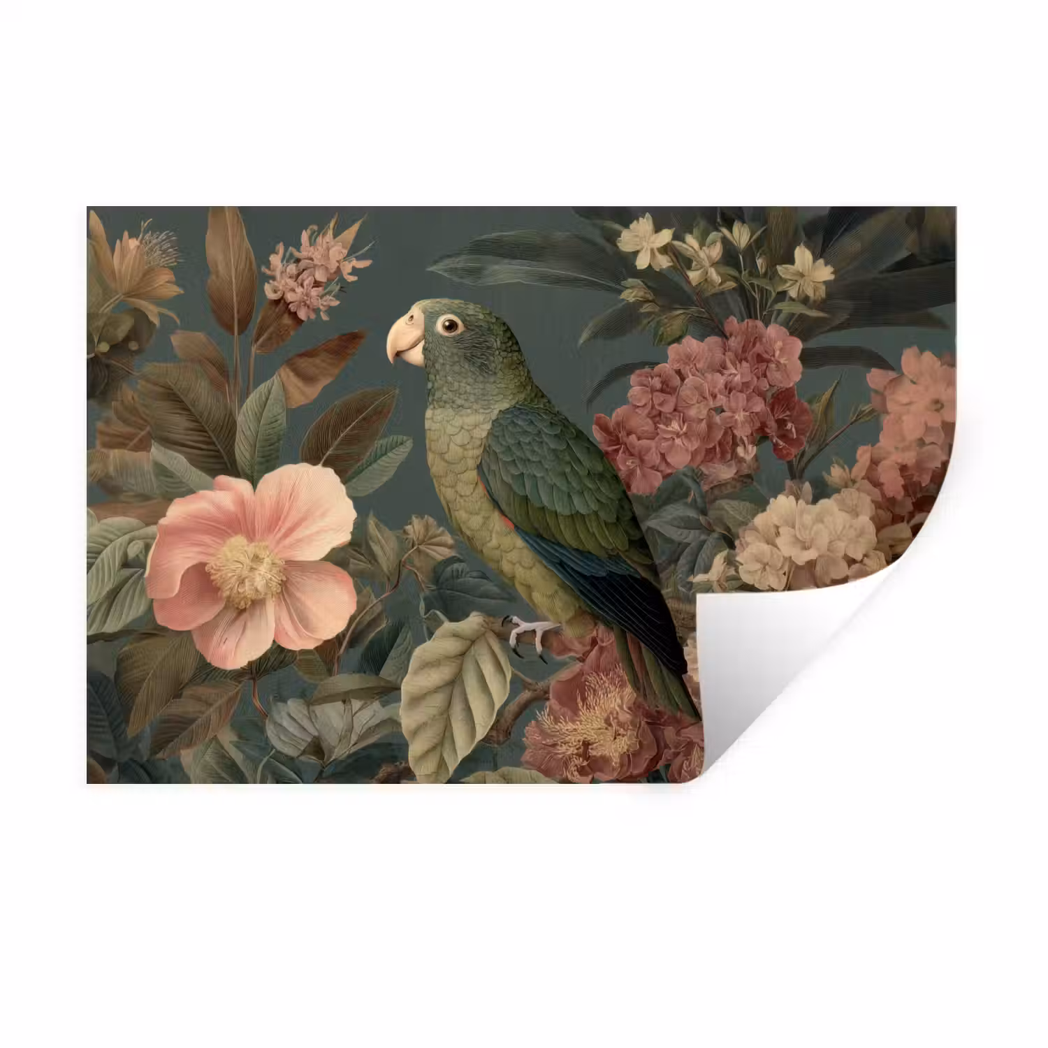 Groene papegaai - Kleurrijke bloemen - Donkere achtergrond Muursticker klein -3d
