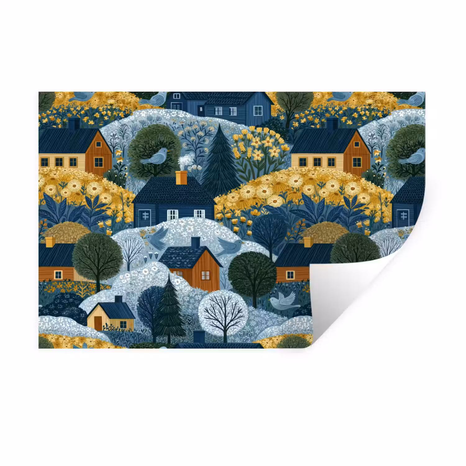 Huisjes - Bloemen - Patroon - Geel - Blauw Muursticker klein 286 -3d