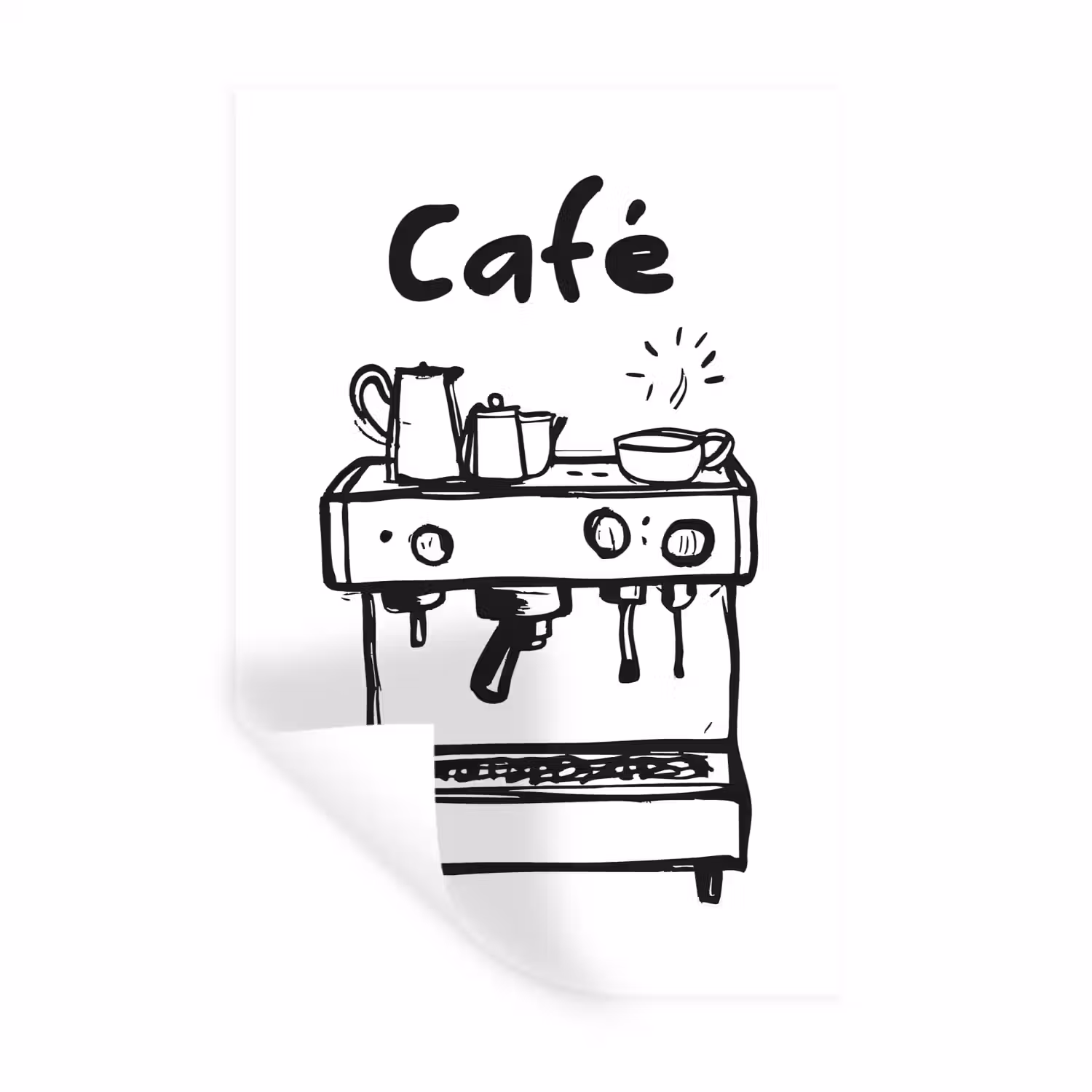 Illustratie - Café - Koffiemachine - Kopjes Muursticker klein -3d