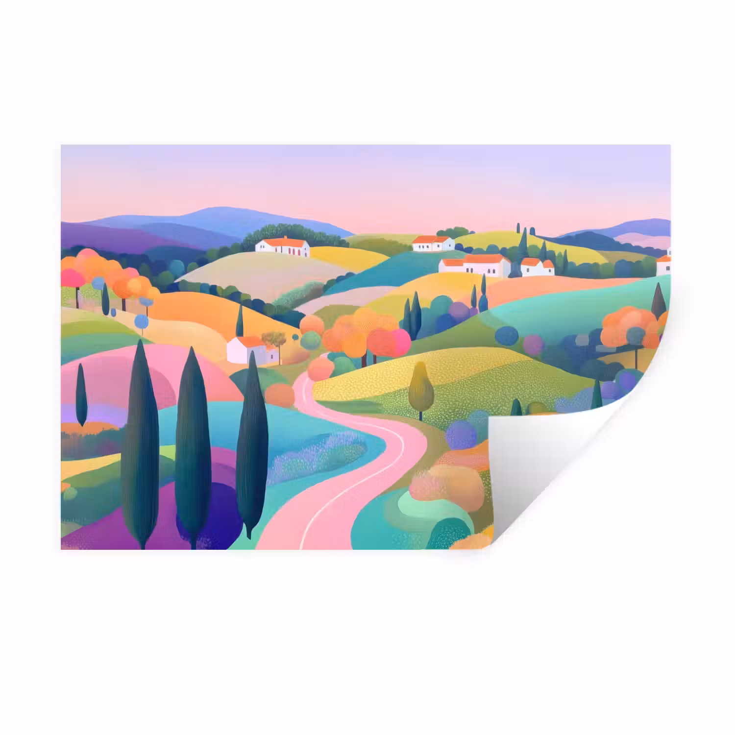 Landschap - Paars - Pastel - Huizen Muursticker klein -3d