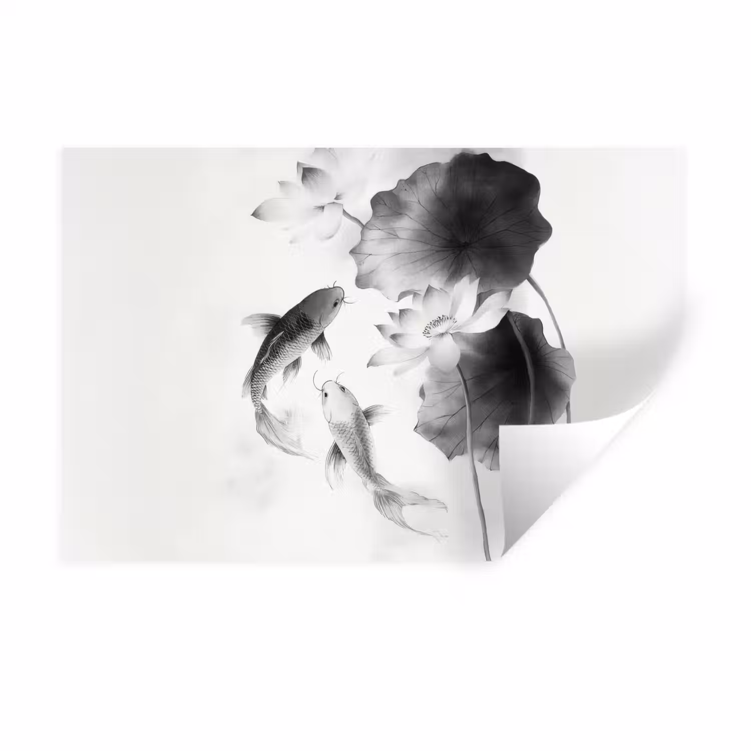Lotusbloemen - Vissen - Bladeren - Zwart Muursticker klein -3d