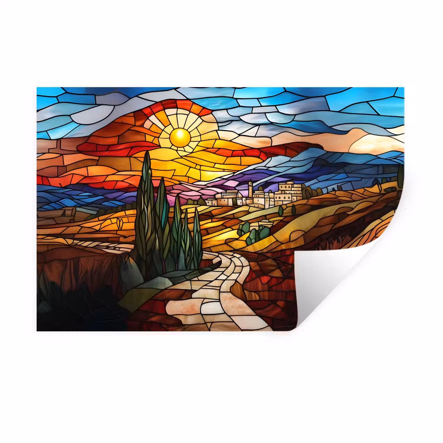 Mozaïek - Zon - Landschap - Dorp Muursticker klein -3d