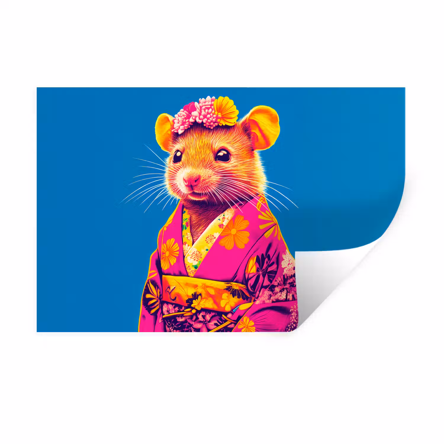 Muis - Kimono - Bloemen - Blauw Muursticker klein -3d