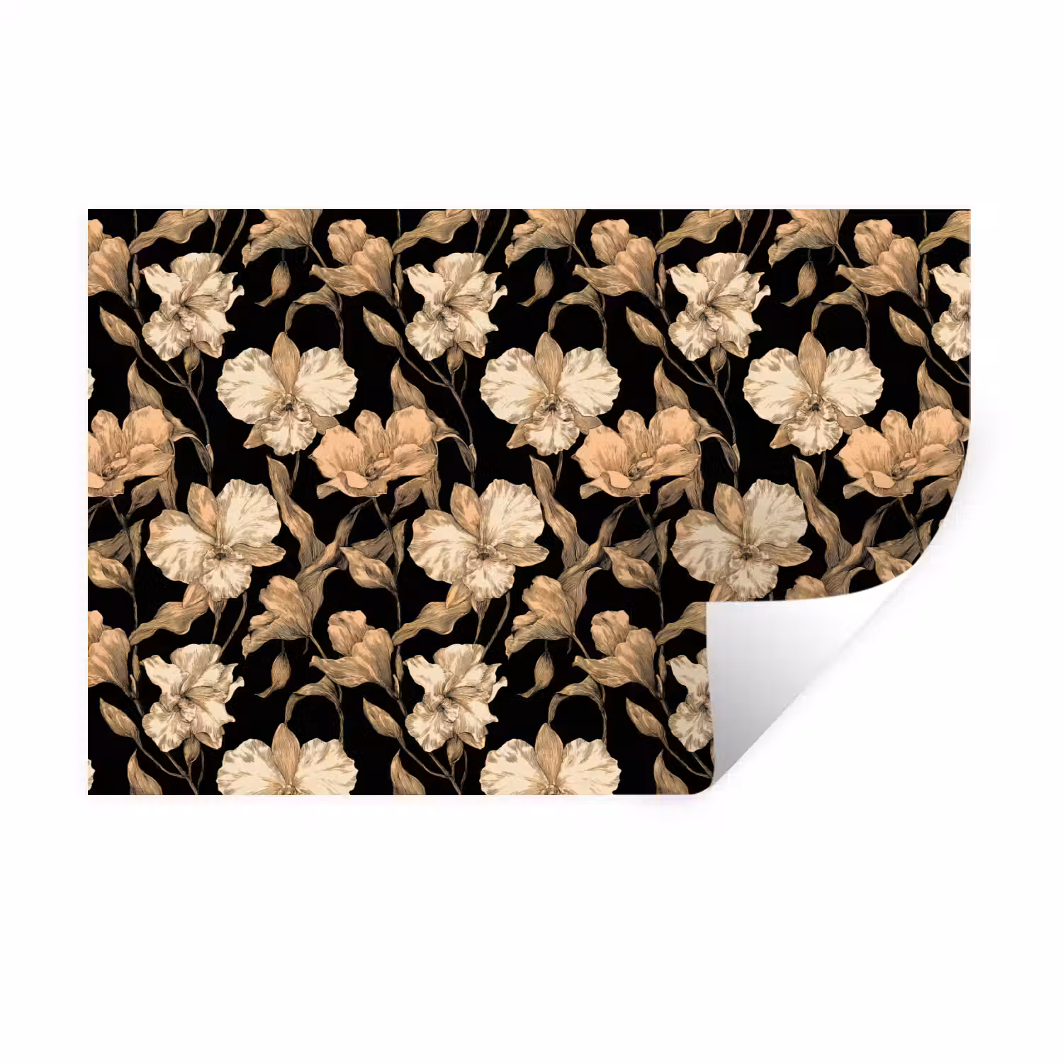 Orchideeën - Lijntekening - Patroon - Beige - Zwart Muursticker klein 286 -3d