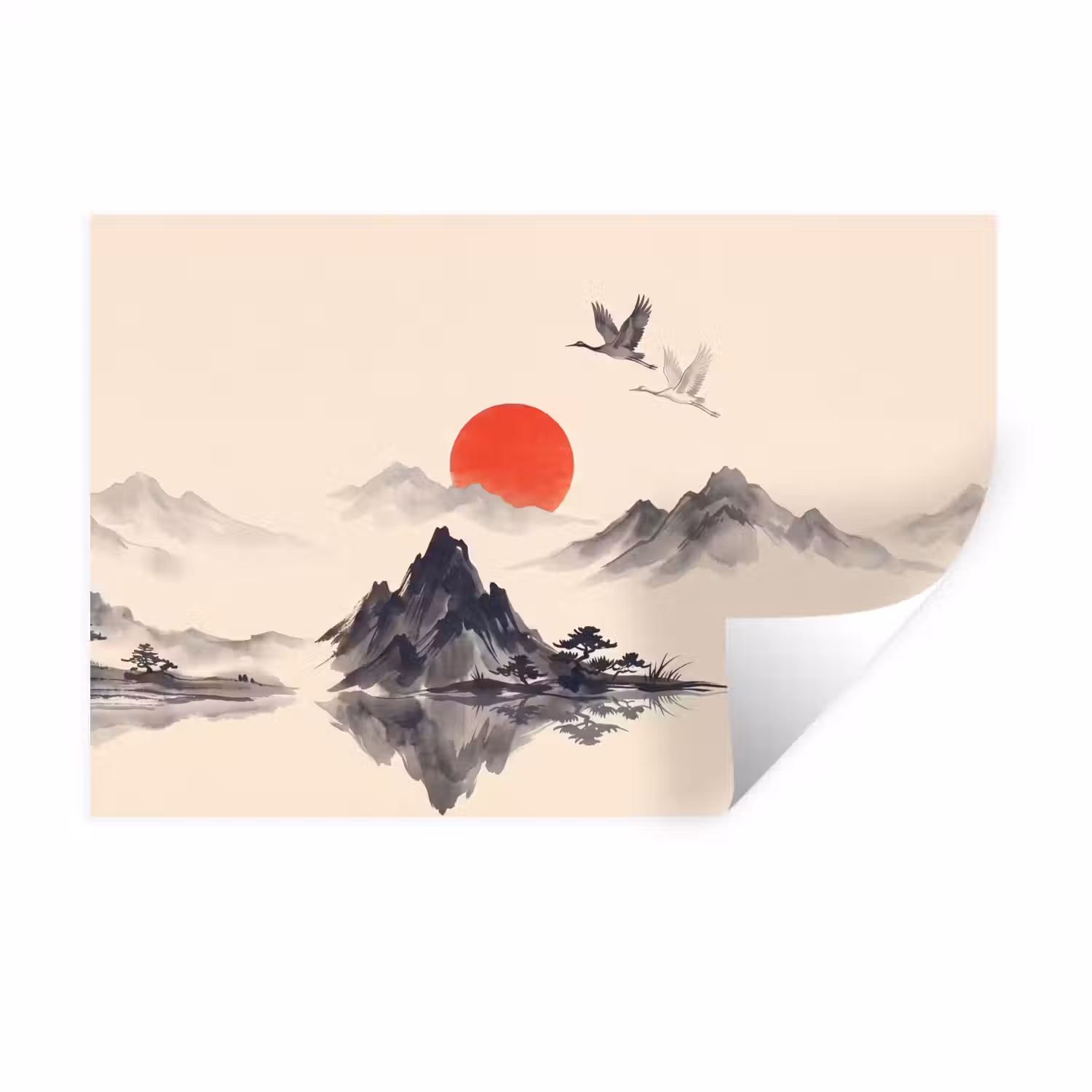 Oosters - Kraanvogels - Landschap Muursticker klein -3d