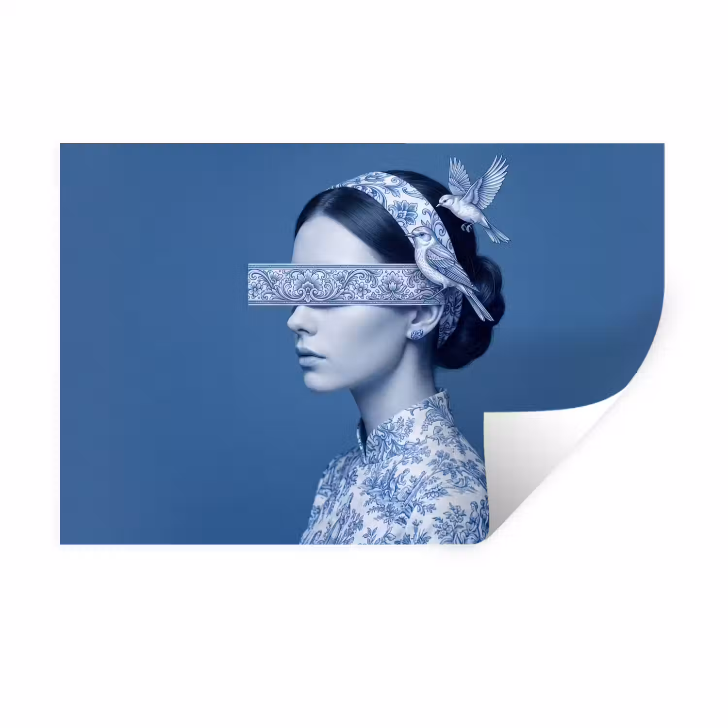 Portret - Klassiek - Wit - Blauw Muursticker klein -3d
