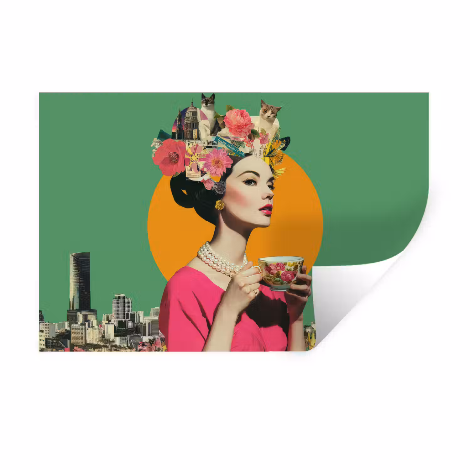 Retro - Vrouw - Stad - Zon Muursticker klein -3d