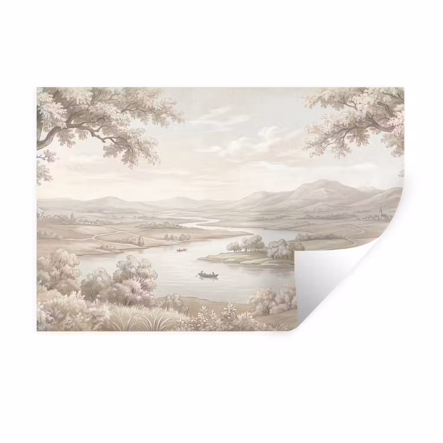 Rivierlandschap - Bergen - Natuur - Vintage - Beige Muursticker klein -3d