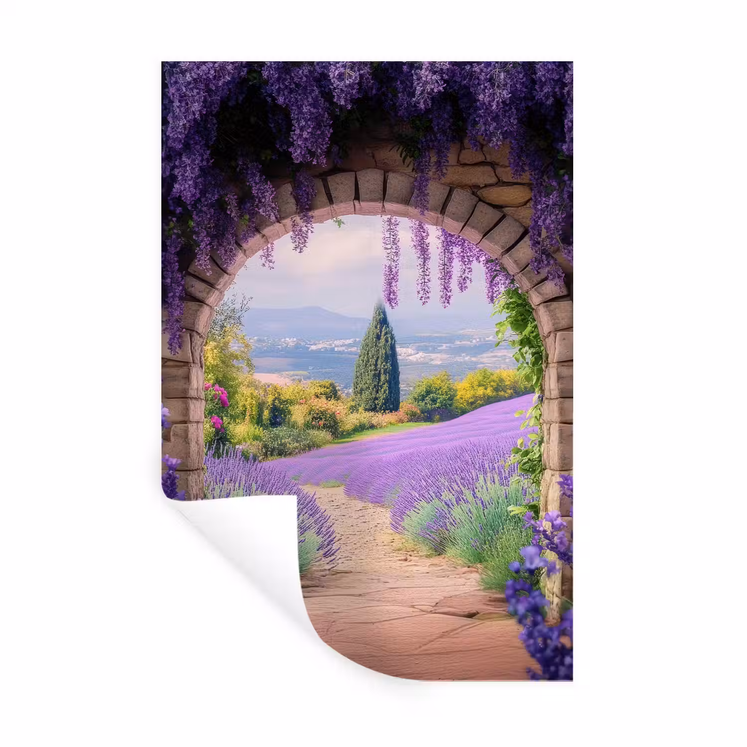 Doorkijk - Lavendel - Bloemen - Paars - Poort Muursticker klein -3d
