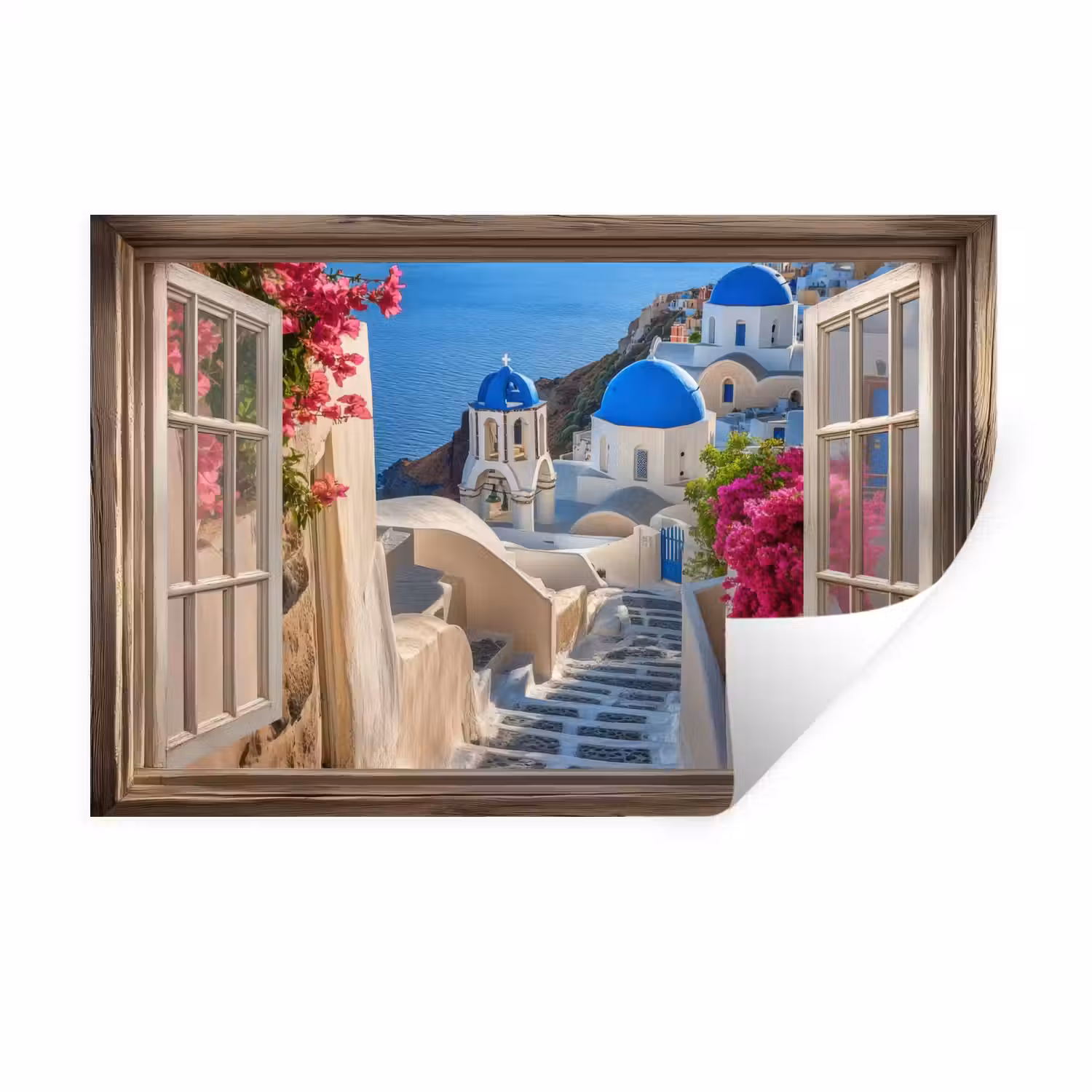 Doorkijk - Santorini - Landschap - Blauw - Grieks Muursticker klein -3d