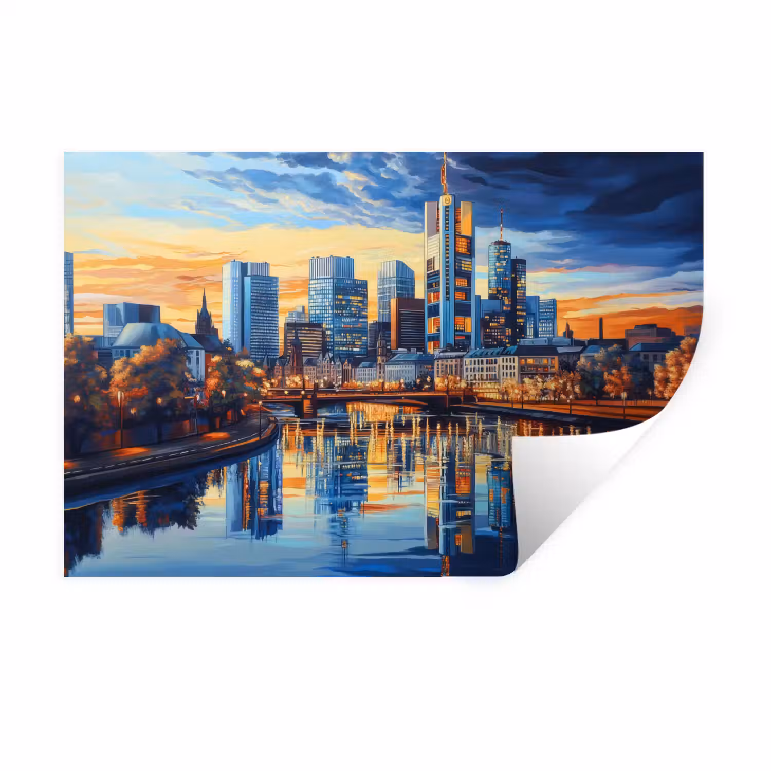 Zonsondergang Frankfurt - Stad - Skyline - Water Muursticker klein -3d