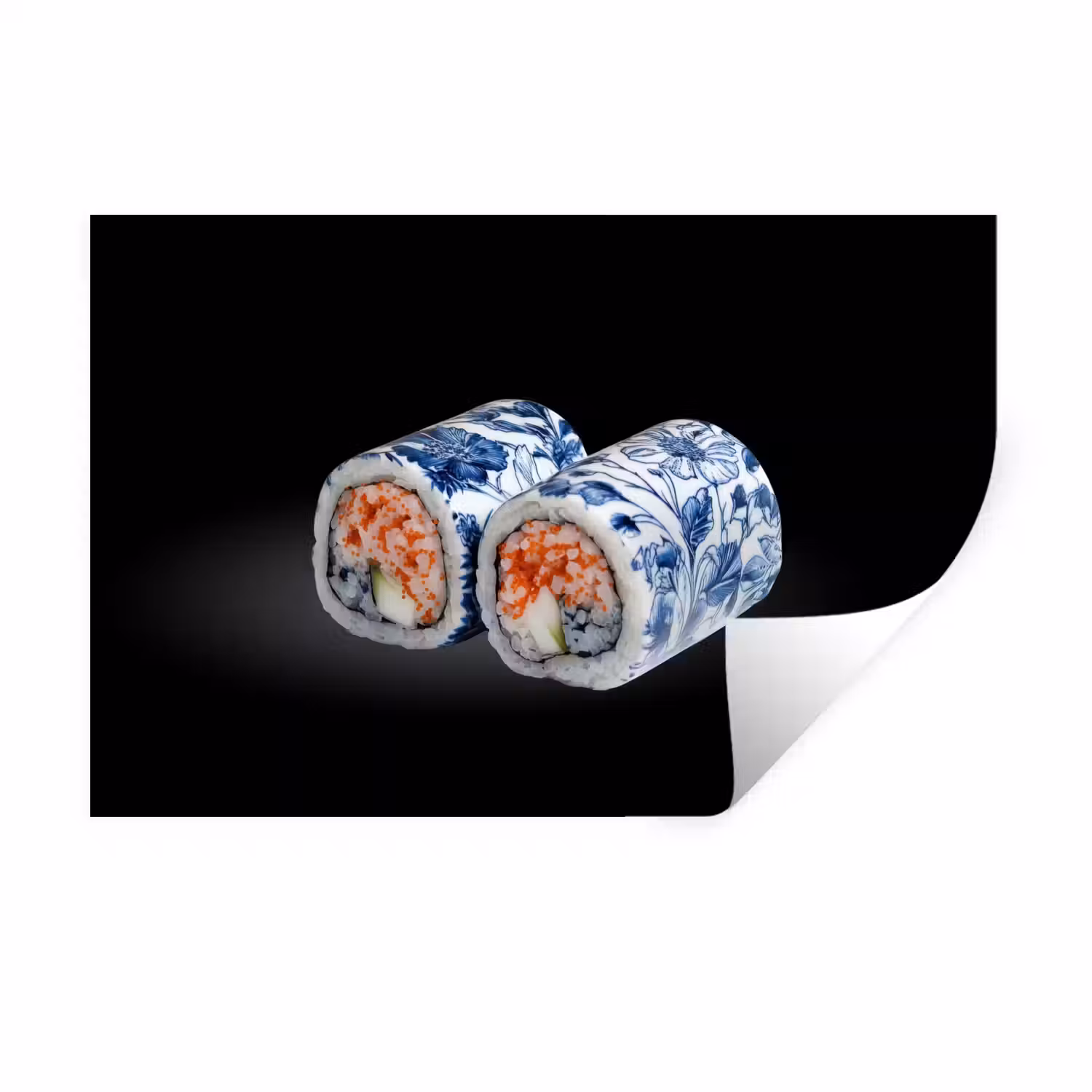 Sushi - Delfts blauw - Rijst - Vis - Elegant Muursticker klein -3d