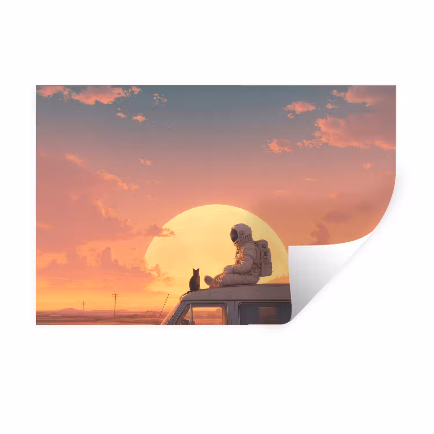 Busje - Kat - Zonsondergang - Oranje Muursticker klein -3d