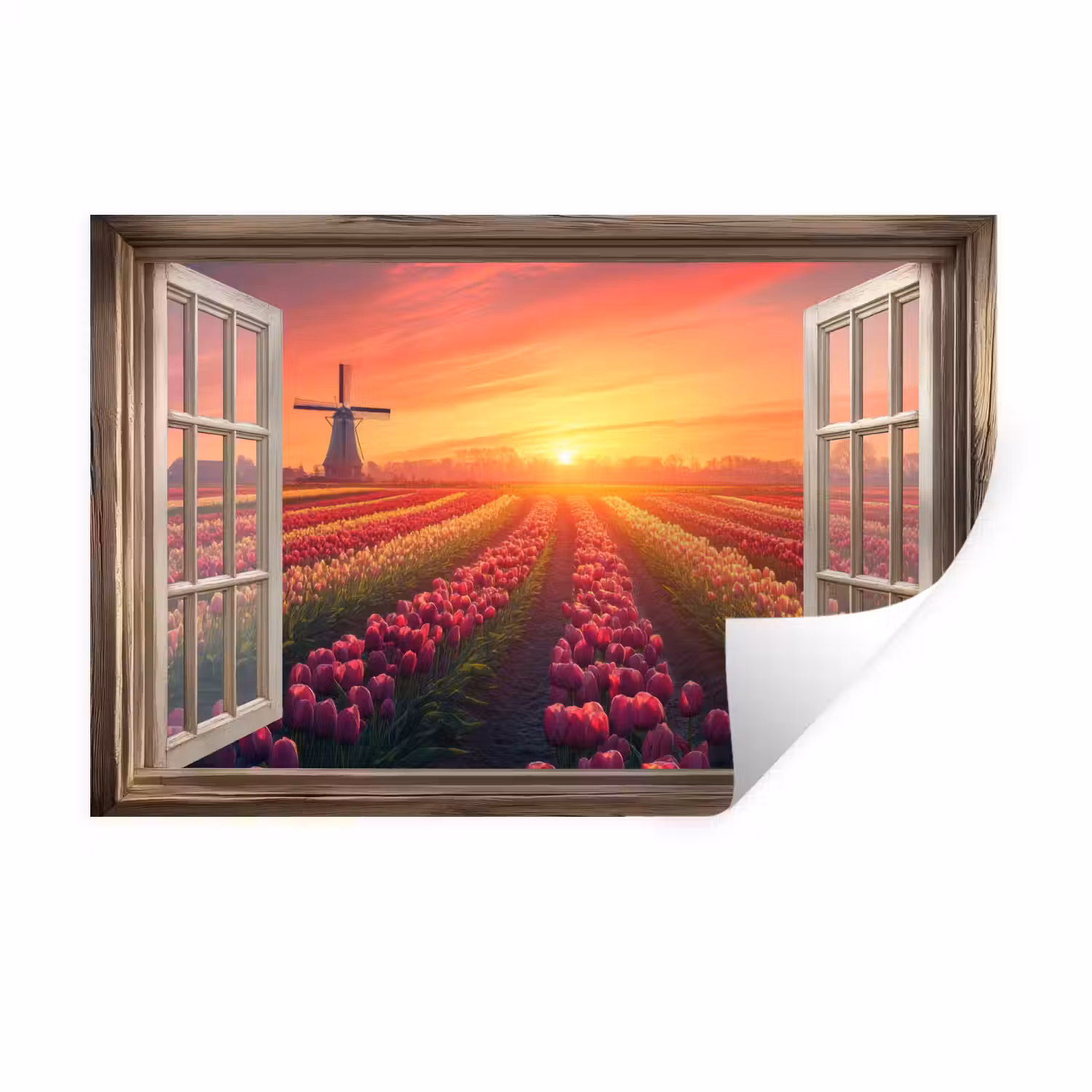 Doorkijk - Tulpen - Zonsondergang - Bloemen - Kleurrijk Muursticker klein -3d