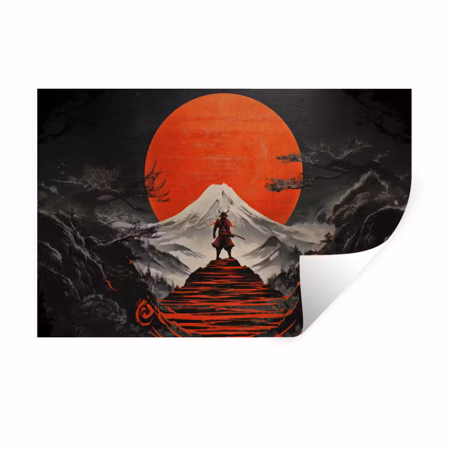 Krijger - Rode trappen - Zon - Berg Muursticker klein -3d
