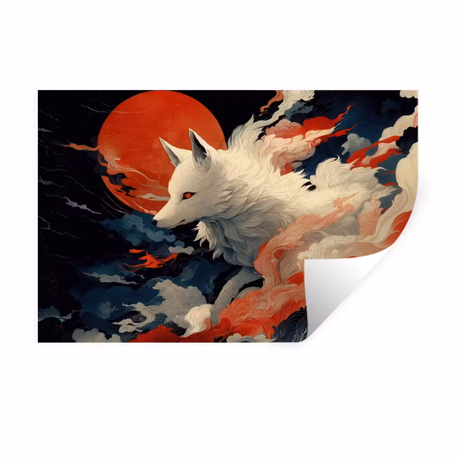 Witte vos - wolken - maan Muursticker klein -3d
