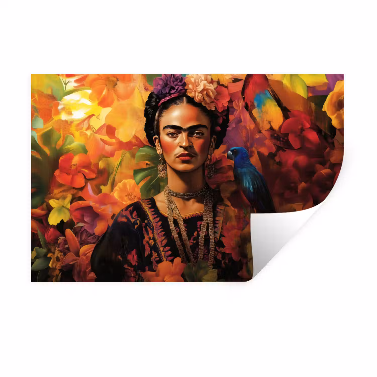 Vrouw - Bloemen - Papegaai - Schilderachtig Muursticker klein -3d