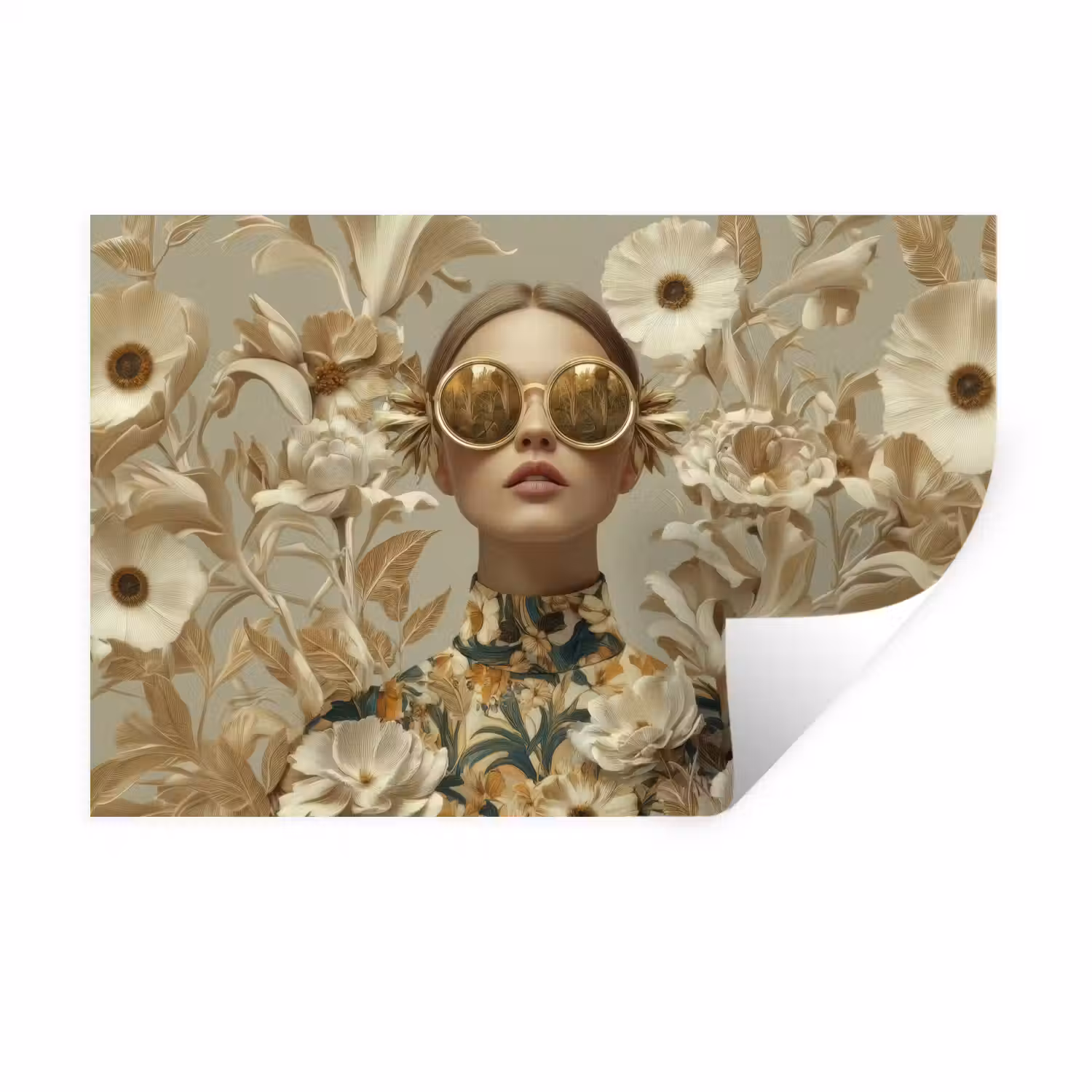 Vrouw - Bloemen - Zonnebril - Wit Muursticker klein -3d