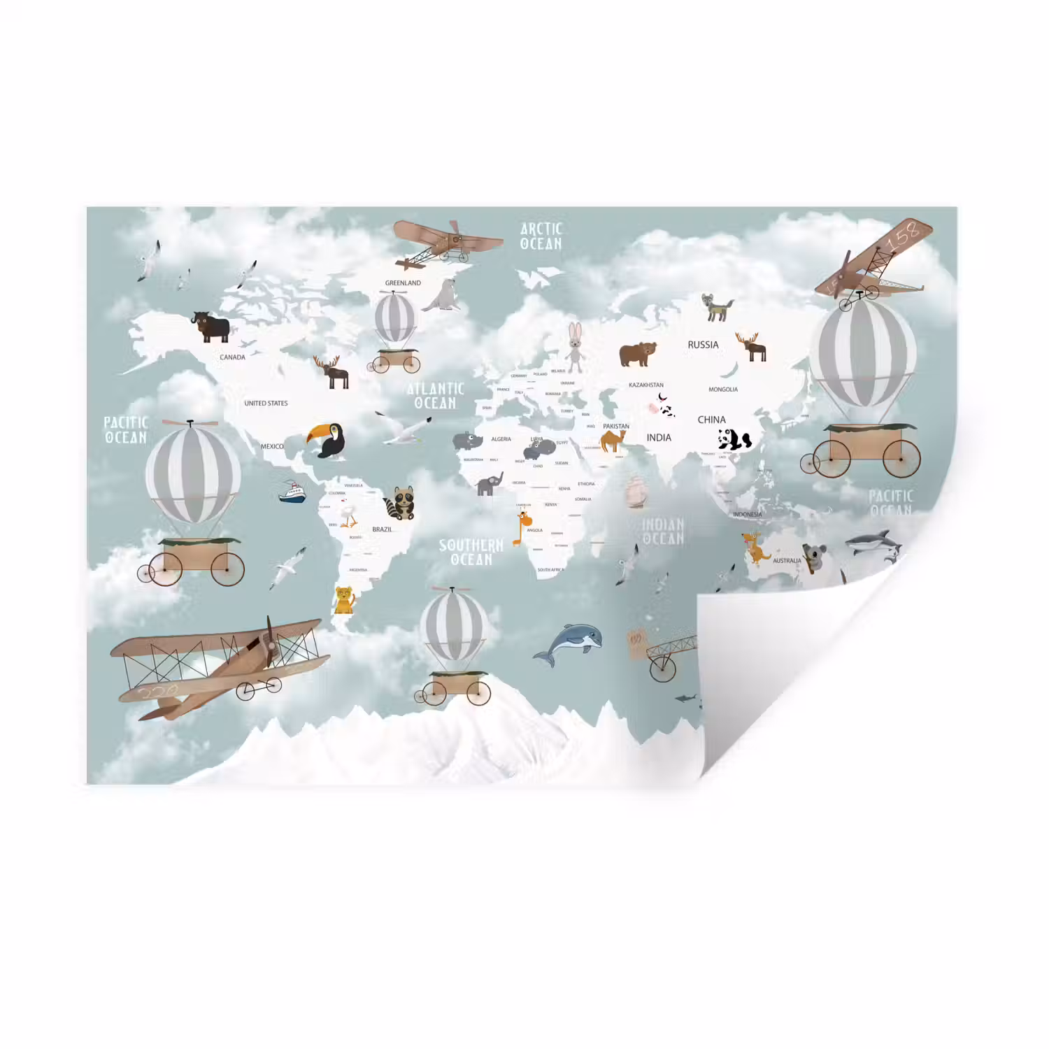 Wereldkaart - Kind - Vliegtuig Muursticker klein -3d