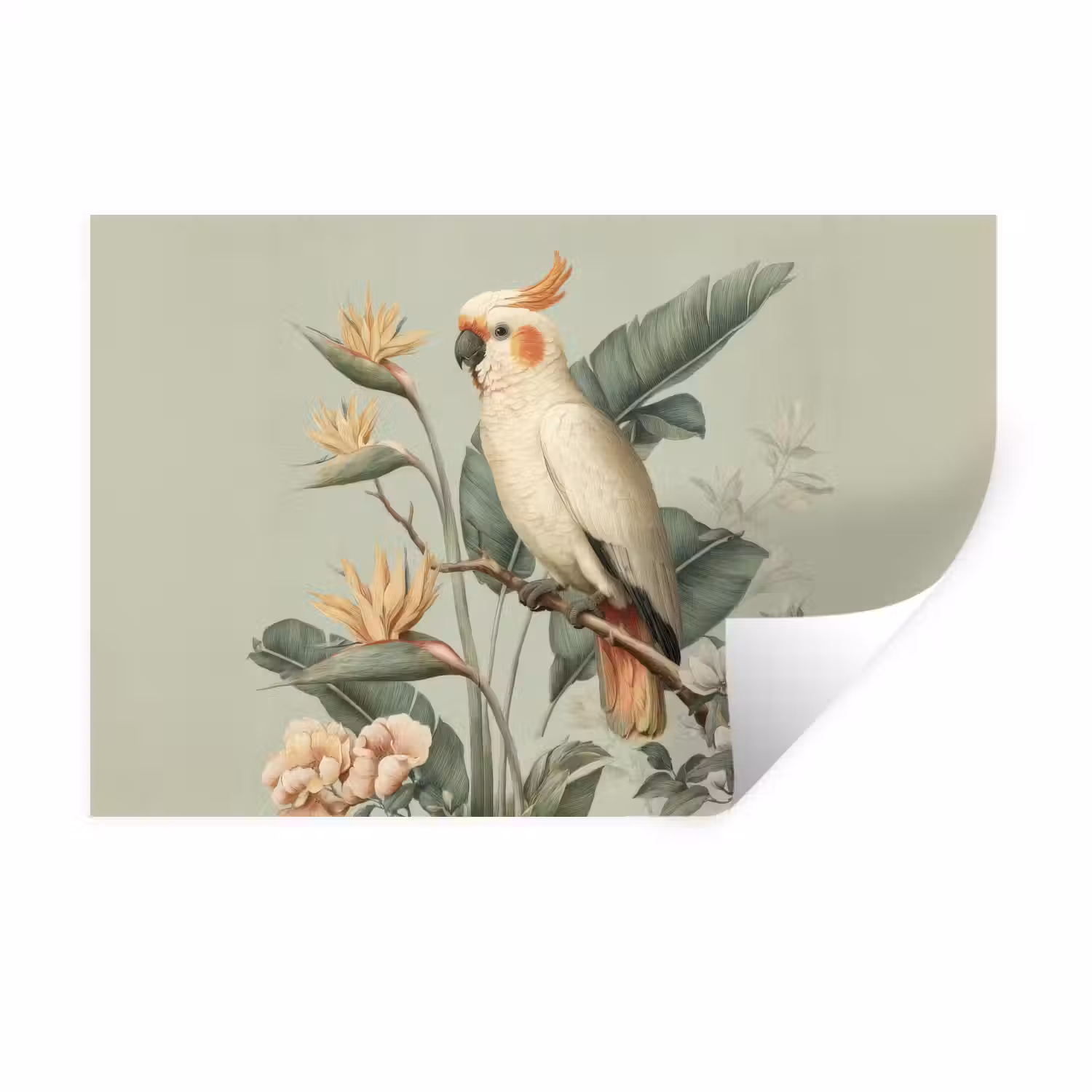 Gele kuifkaketoe - paradijsvogelbloemen - Groen Muursticker klein -3d