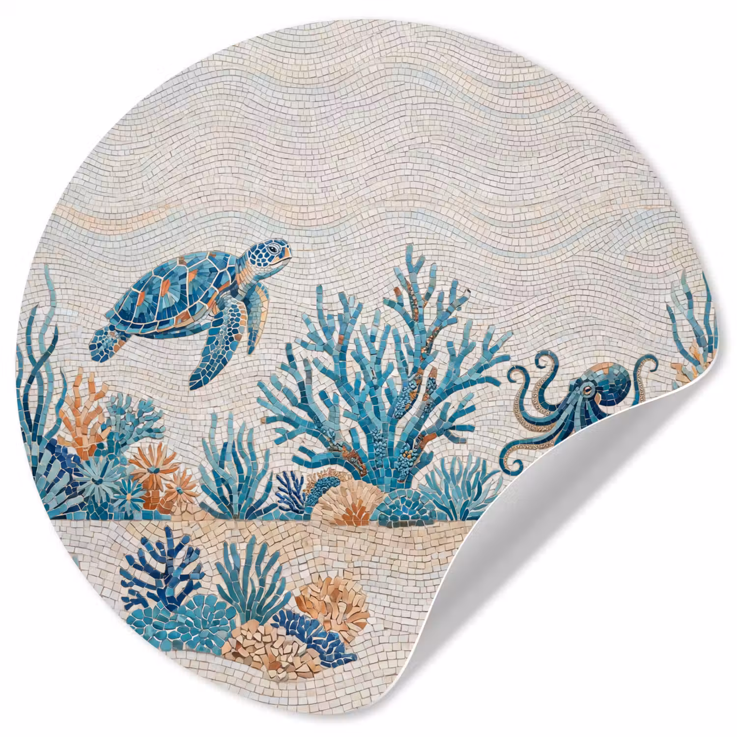 Dieren - Onderwater - Natuur - Mozaïek - Blauw Wandcirkel behangsticker klein -3d