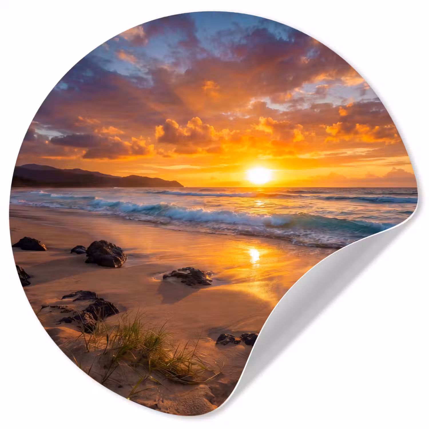 Strand - Zonsondergang - Golven - Natuur - Oranje Wandcirkel behangsticker klein -3d