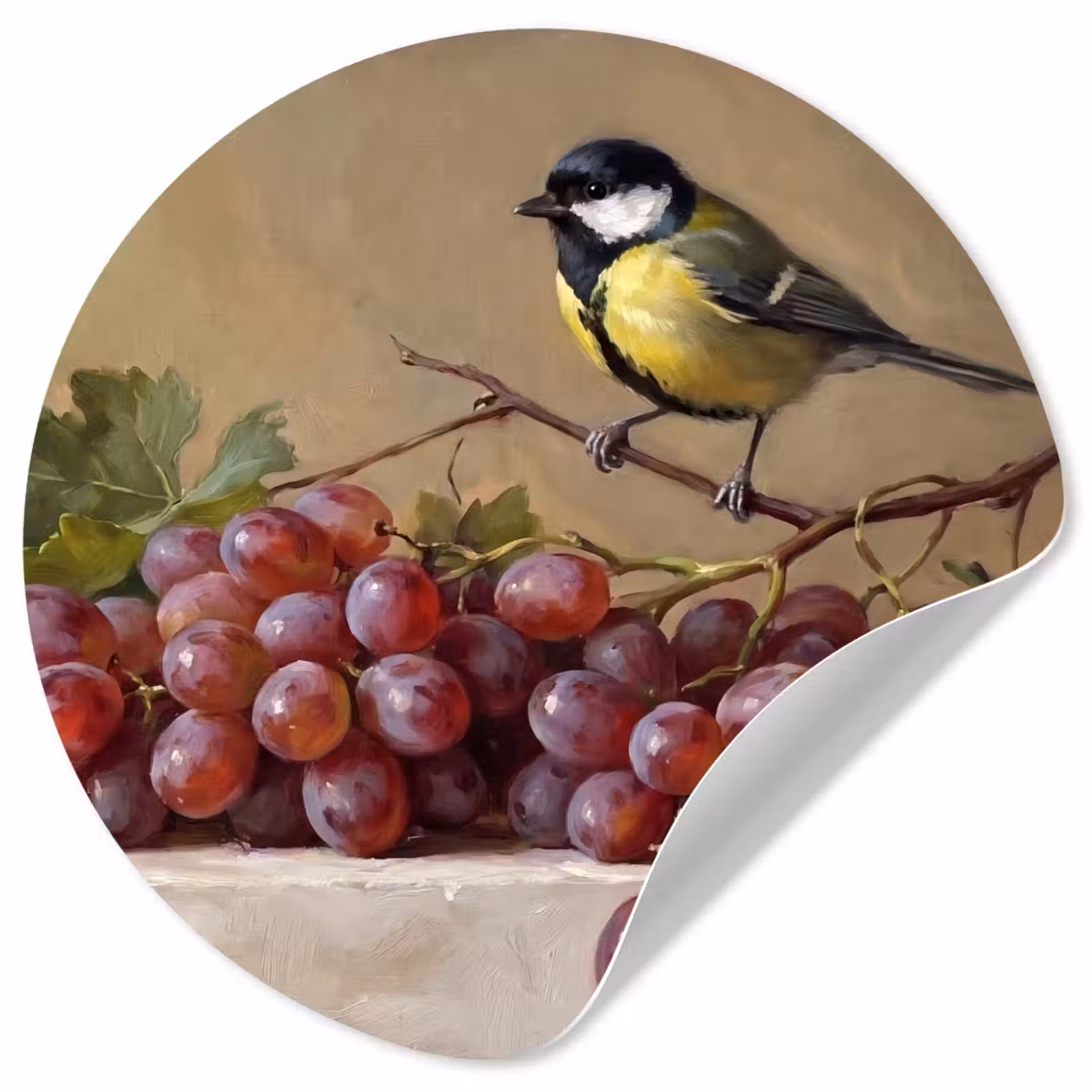 Wallpaper Circle - Bird - Grapes - Still Life - Vogel - Druiven - Stilleven Wandcirkel behangsticker klein