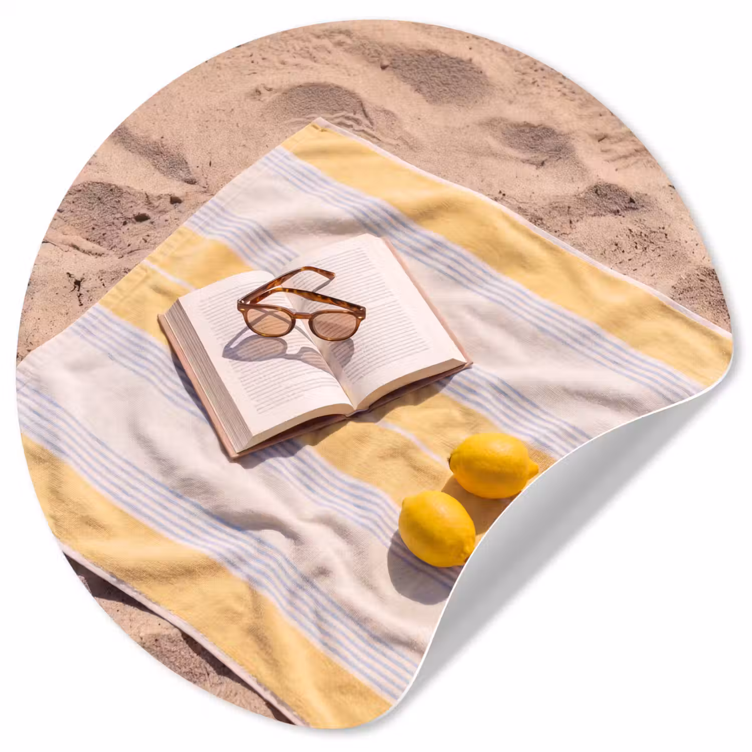 Boek - Zonnebril - Strand - Zomer - Geel Wandcirkel behangsticker klein -3d