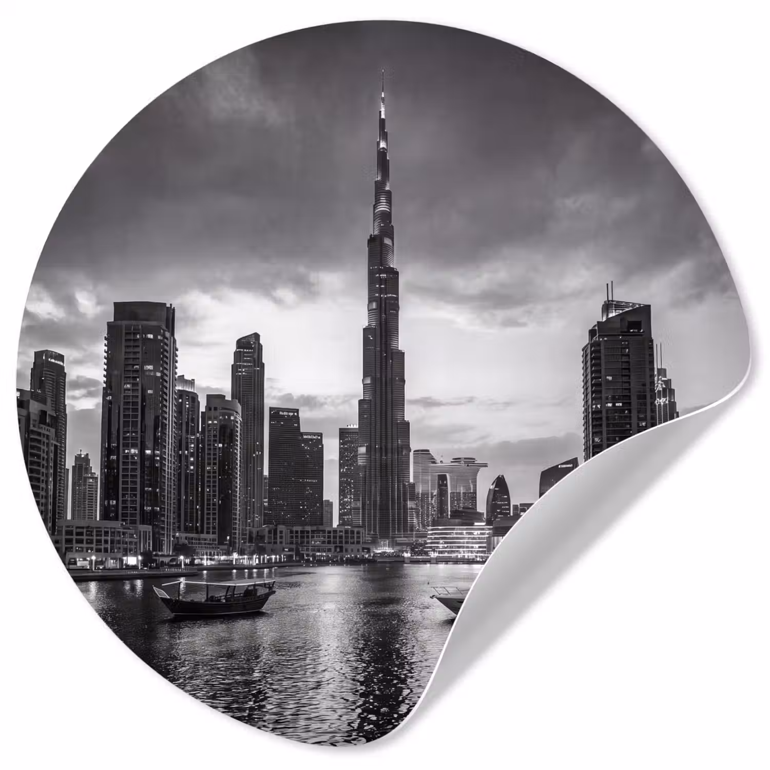 Stad - Skyline - Architectuur - Avond - Zwart-wit Wandcirkel behangsticker klein -3d