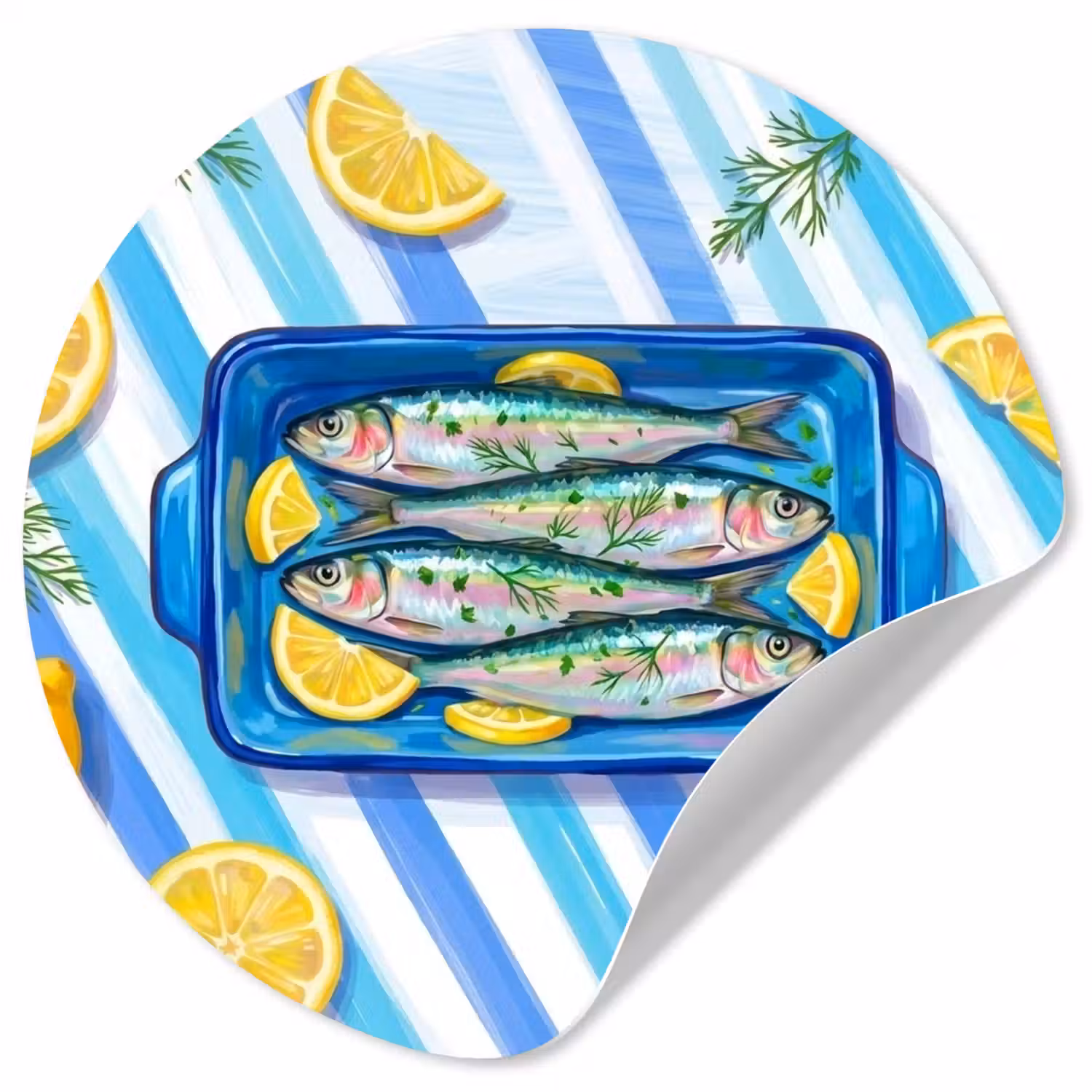 Vis - Citroen - Kruiden - Eten - Blauw Wandcirkel behangsticker klein -3d