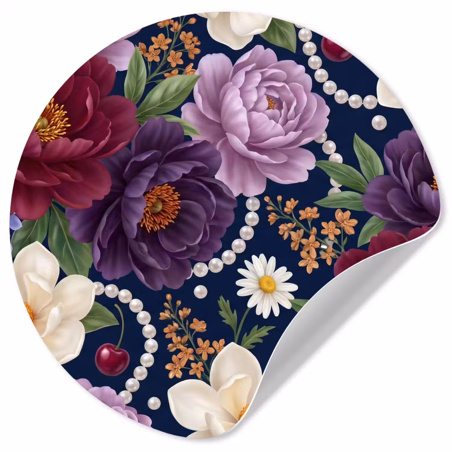 Bloemen - Parels - Decoratie - Modern - Blauw Wandcirkel behangsticker klein -3d