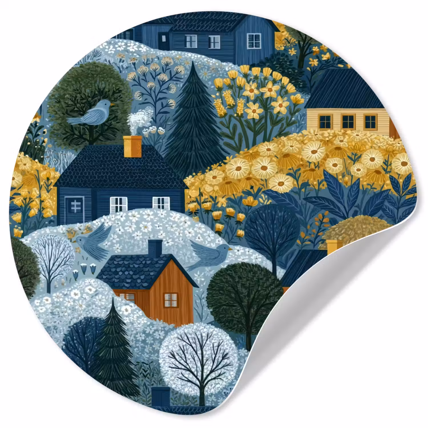 Huisjes - Bloemen - Patroon - Geel - Blauw Wandcirkel behangsticker klein 186 -3d