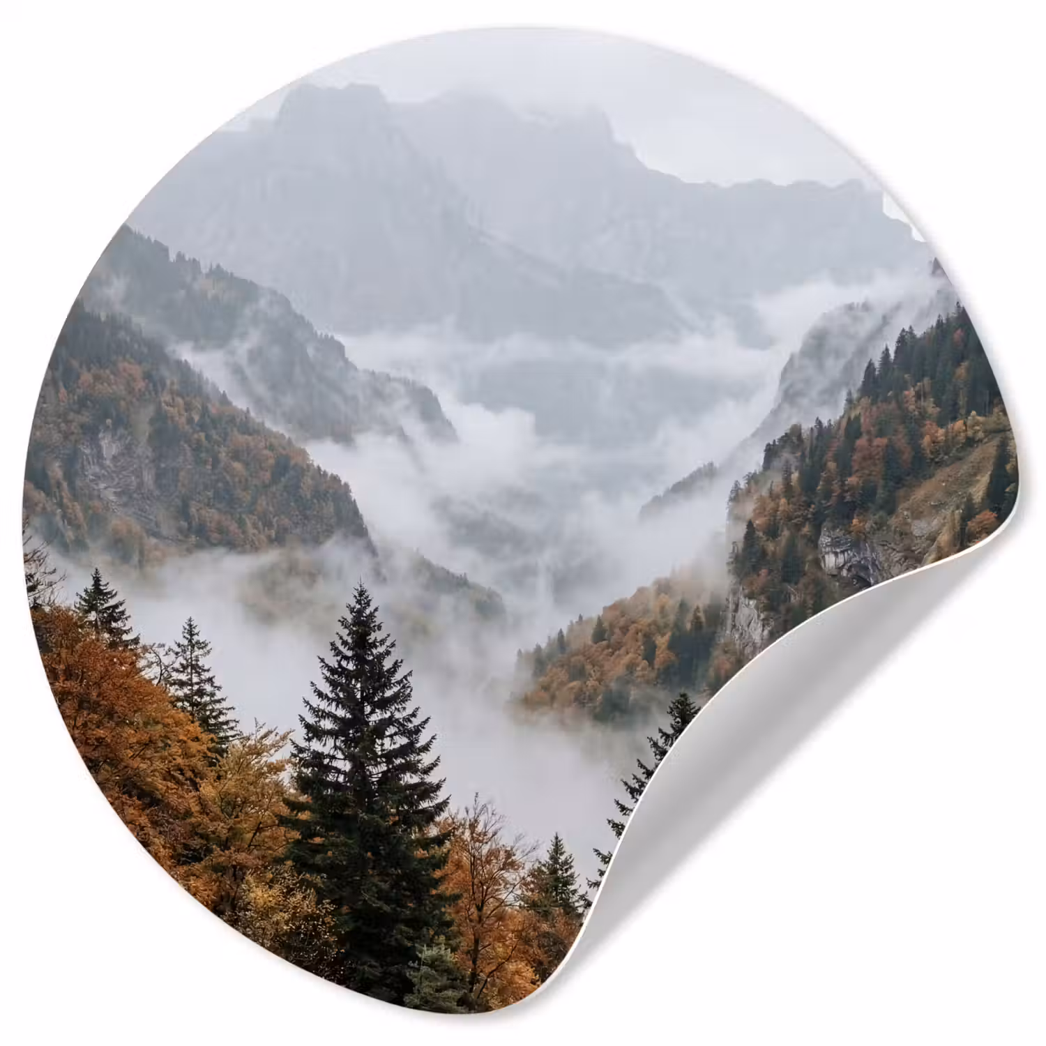 Bergen - Vallei - Mist - Herfst - Natuur Wandcirkel behangsticker klein -3d