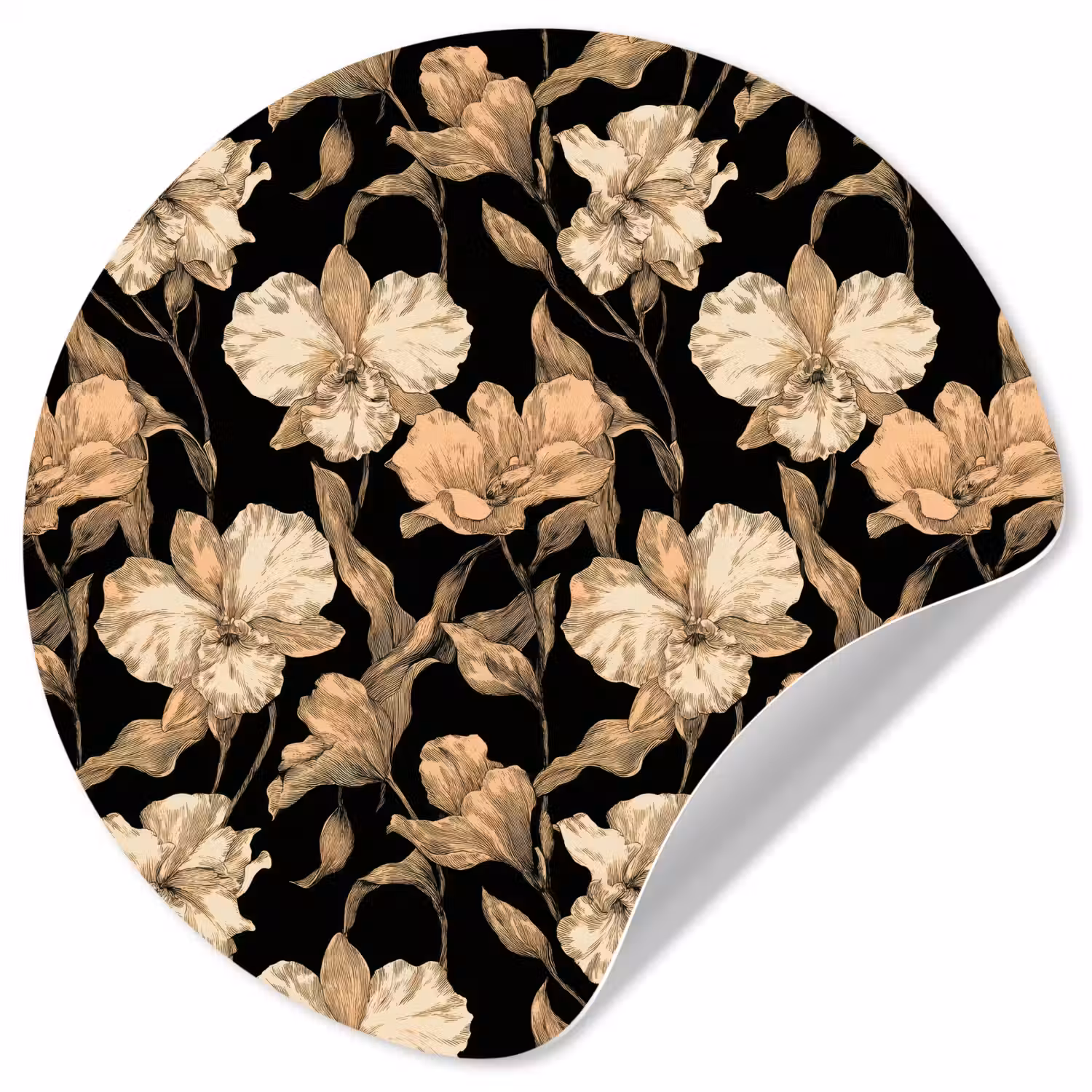 Orchideeën - Lijntekening - Patroon - Beige - Zwart Wandcirkel behangsticker klein 186 -3d