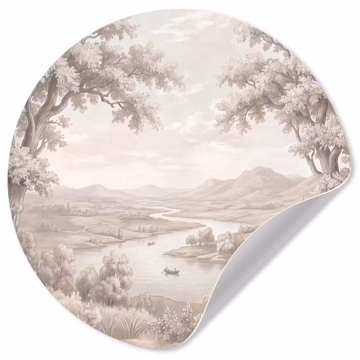 Rivierlandschap - Bergen - Natuur - Vintage - Beige Wandcirkel behangsticker klein -3d