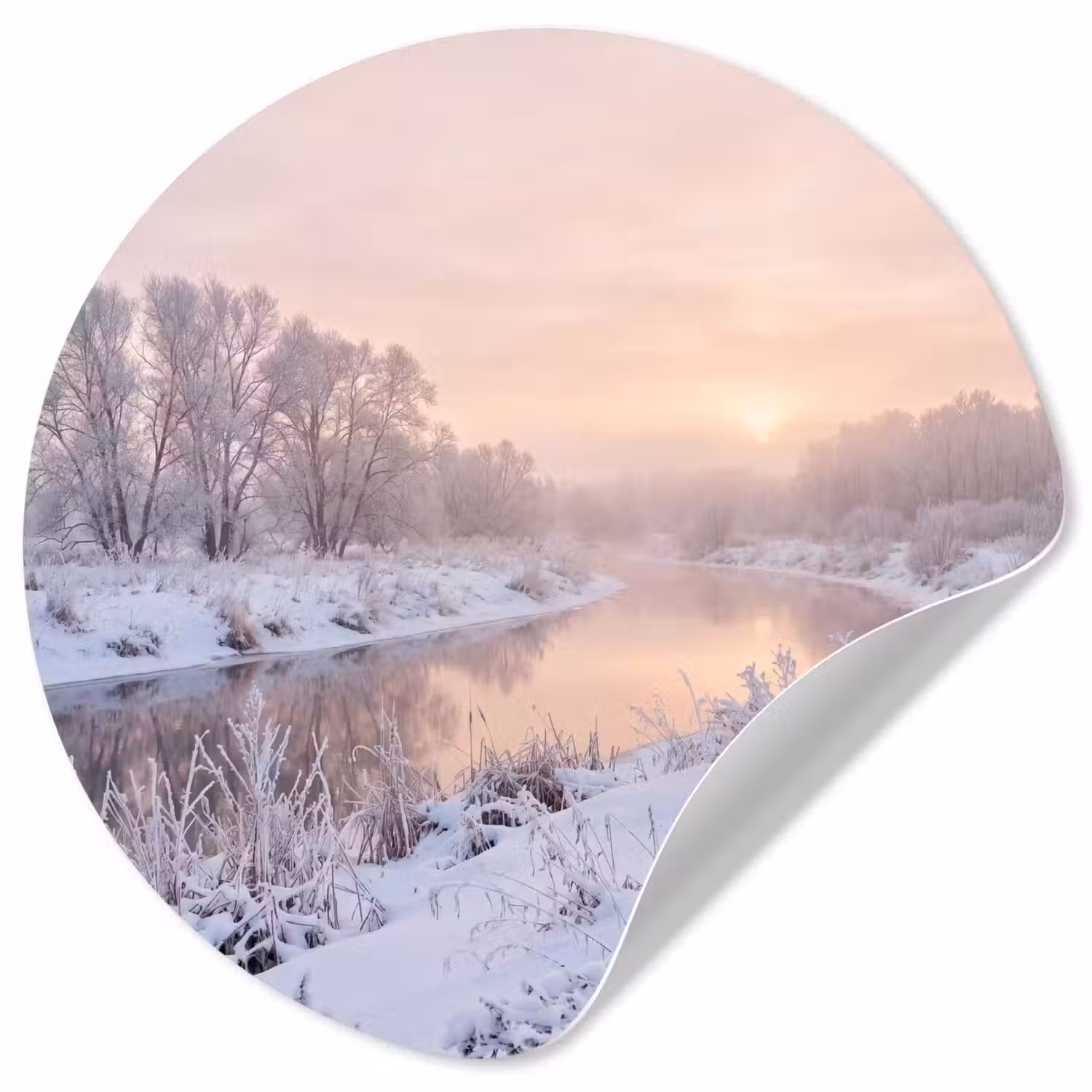 Rivier - Winter - Landschap - Sneeuw - Zonsopgang Wandcirkel behangsticker klein -3d