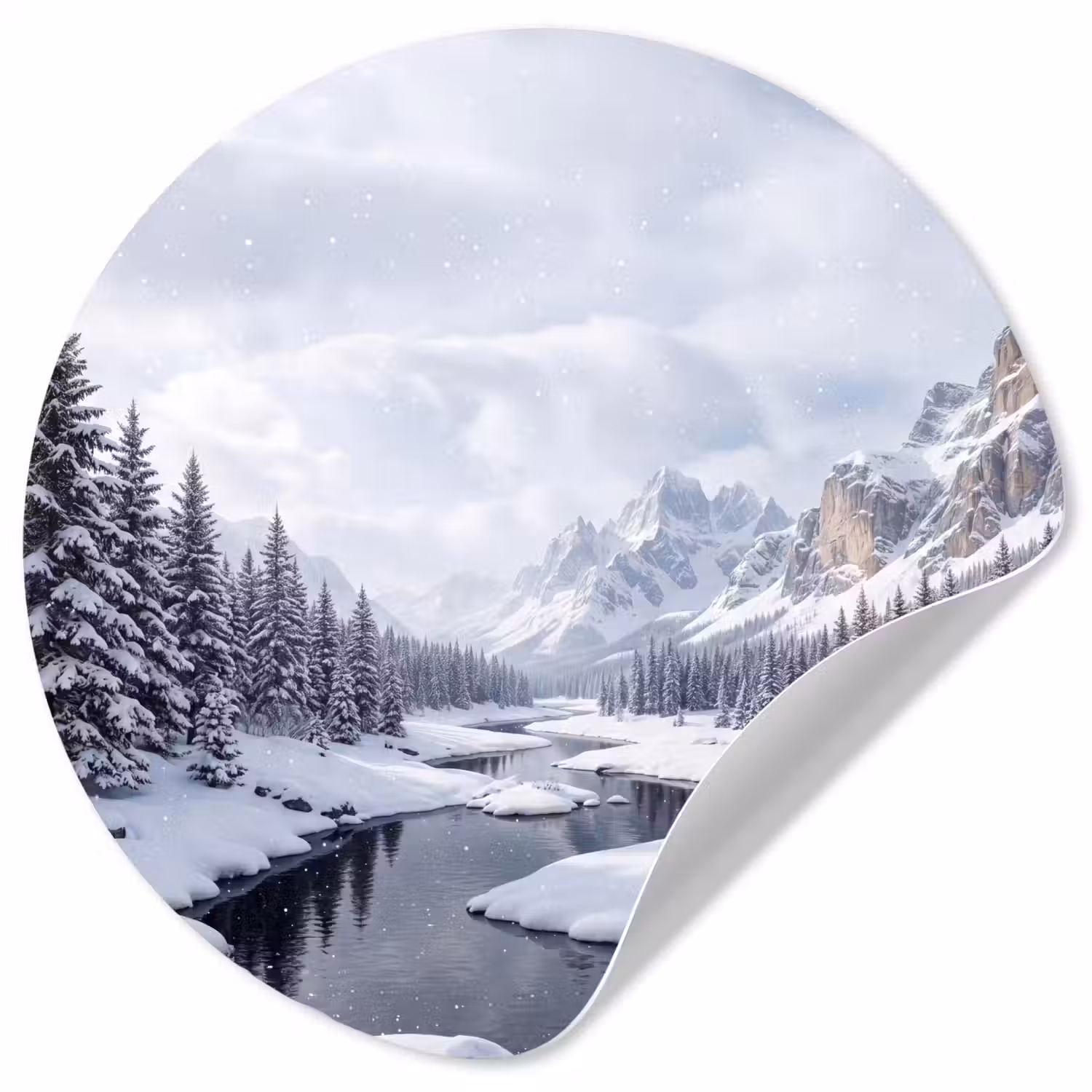 Sneeuwlandschap - Bergen - Rivier - Winter Wandcirkel behangsticker klein -3d