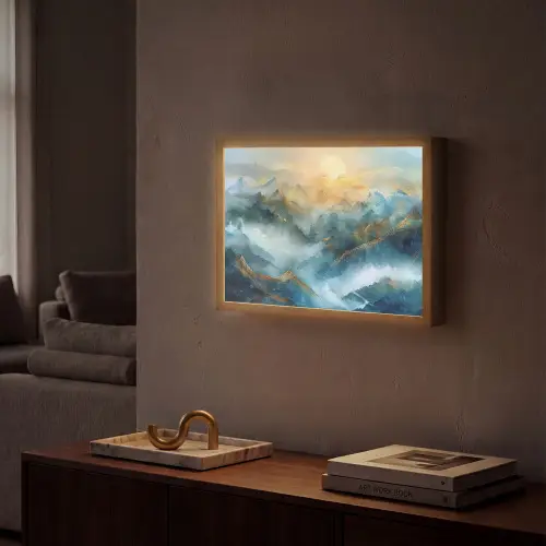 Abstract - Landschap - Bergen - Blauw - Modern Light Box met batterij (Wandlamp) middel -sfeer1