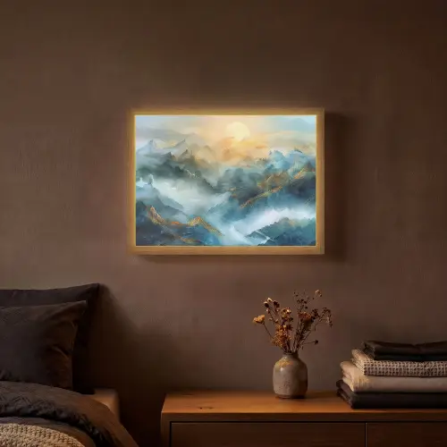 Abstract - Landschap - Bergen - Blauw - Modern Light Box met batterij (Wandlamp) middel -sfeer4