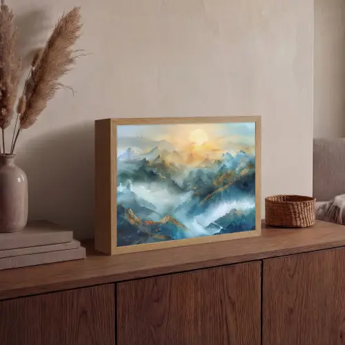 Abstract - Landschap - Bergen - Blauw - Modern Light Box met batterij (Wandlamp) middel -sfeer2