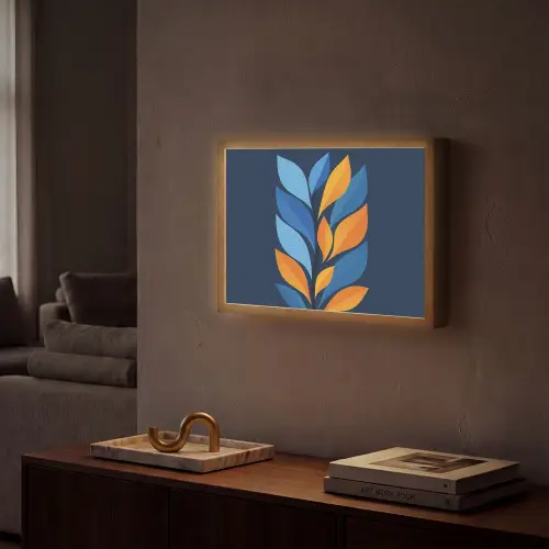 Abstract - Bladeren - Blauw Light Box met batterij (Wandlamp) middel -sfeer1