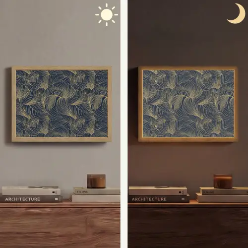 Abstract - Lijnen - Blauw - Goud Light Box met batterij (Wandlamp) middel 907 -sfeer3