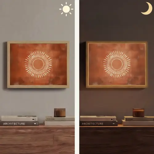 Abstract - Lijnen - Zonnestralen - Roodbruin Light Box met batterij (Wandlamp) middel -sfeer3