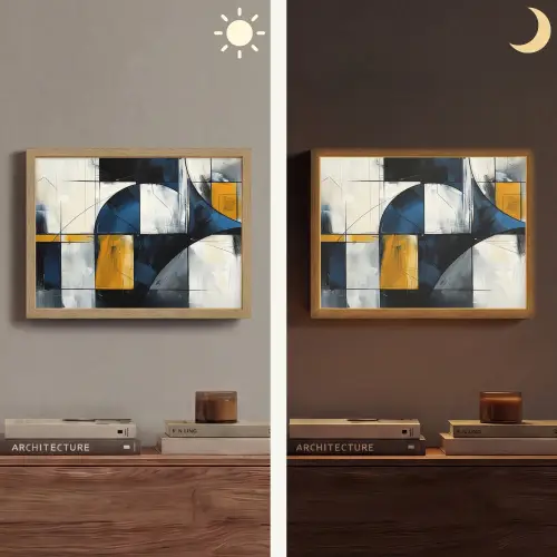 Abstract - Vormen - Goud - Blauw - Geometrisch Light Box met batterij (Wandlamp) middel -sfeer3