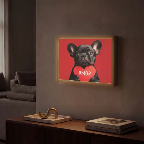 Amor - Hond - Hartje - Rood Light Box met batterij (Wandlamp) middel -sfeer1