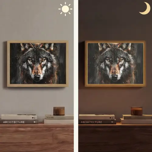 Dieren - Wolf - Portret - Zwart - Bruin Light Box met batterij (Wandlamp) middel -sfeer3