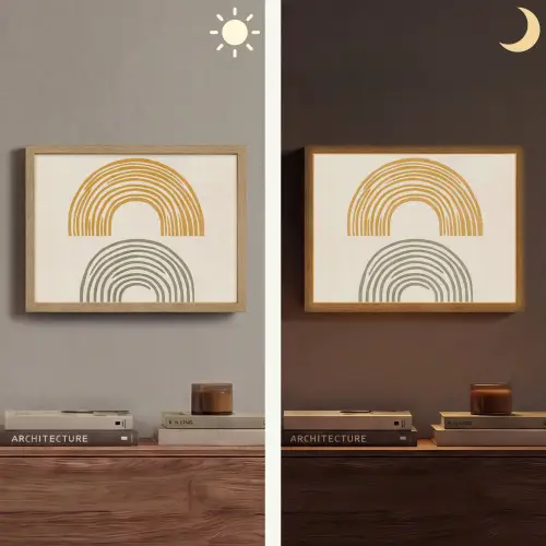 Bogen - Lijnen - Oranje - Minimalistisch Light Box met batterij (Wandlamp) middel -sfeer3