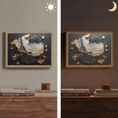 Kunst - Goud - Zwart - Modern - Abstract Light Box met batterij (Wandlamp) middel -sfeer3