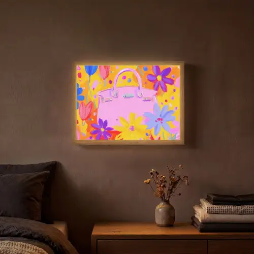 Tas - Roze - Bloemen Light Box met batterij (Wandlamp) middel -sfeer4