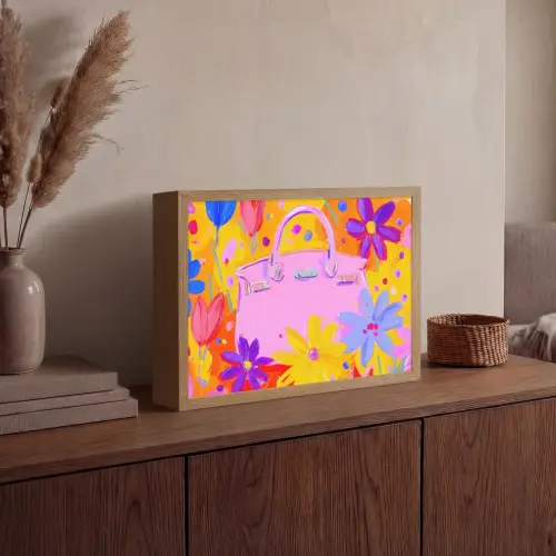 Tas - Roze - Bloemen Light Box met batterij (Wandlamp) middel -sfeer2